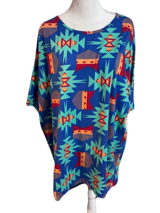 LuLaRoe Tops - LuLaRoe Irma Tunic Top Blue Geometric Pattern Hi-Lo Short Sleeve Women Size L